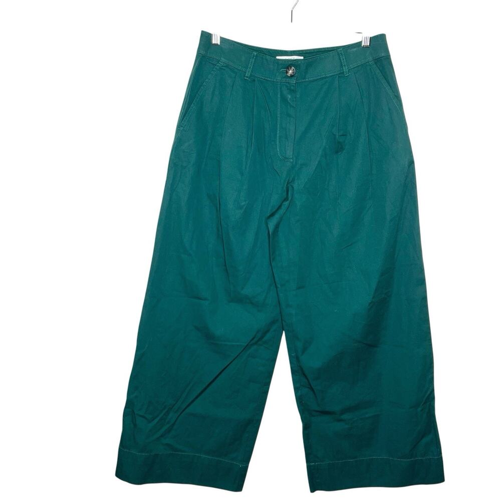 Loft Pleated Wide Leg Cropped Pants Green Womens Size 8 High Rise Trousers Work